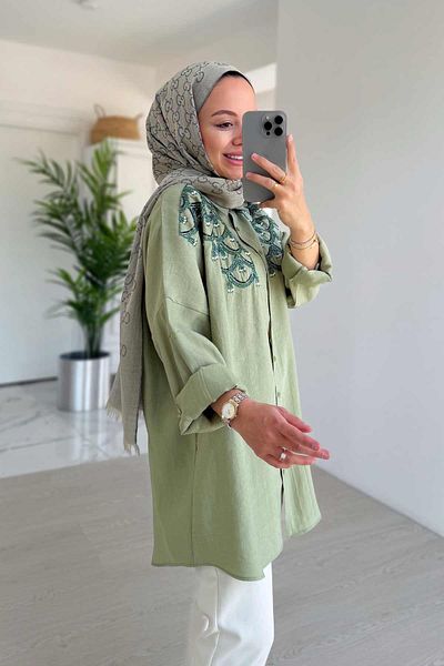 Ka Hijab Green Scallop Draped Shirt