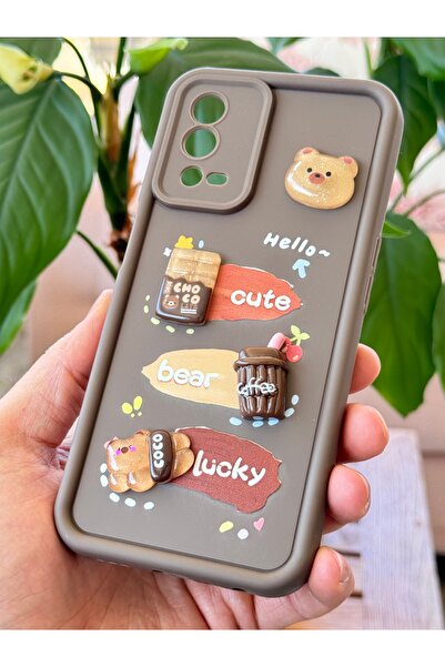 Fibaks Oppo A55 4g Case Designed Patterned Camera Protection Teddy Bear Brown Color Soft Silicone Cap