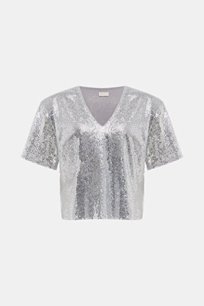 W Collection GÜMÜŞ V YAKA KISA KOLLU PAYETLİ BLUZ