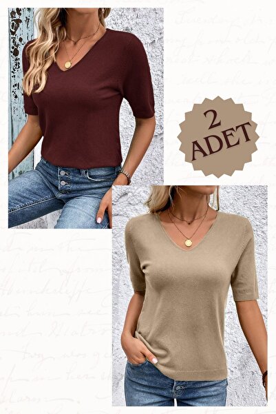 citystyle 2 bucăți bluză de vară cu decolteu în V Lycra tricotaje cu mânecă s...