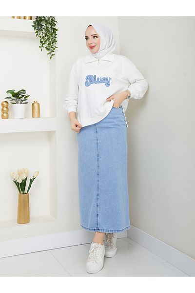 MODAMERSİ Women's White Oversize Zipper Detailed Sweatshirt Denim Skirt Double Set