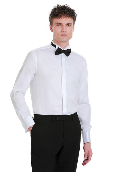 Hatemoğlu Λευκό Comfort Fit 100% βαμβακερό γυριστό γιακά μανσέτα μακρυμάνικο κλασικό σατέν πουκάμισο