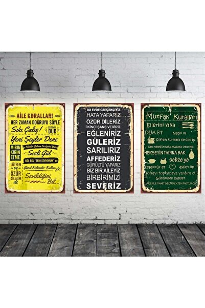 Pi Dekorasyon Aile Ve Mutfak Kuralları Temalı 3 Adet 20-30 cm Mdf Tablo Seti