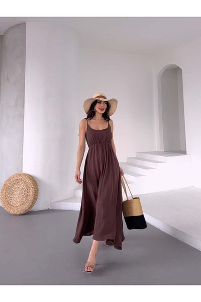 MYZİ STORE Γυναικείο λινό φόρεμα καλοκαιρινό φόρεμα λινό λουράκι