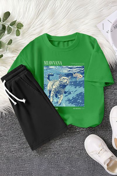 MYADA New Season Miawvana Written Floating Kitten Printed 2-Piece Children's Set 22753