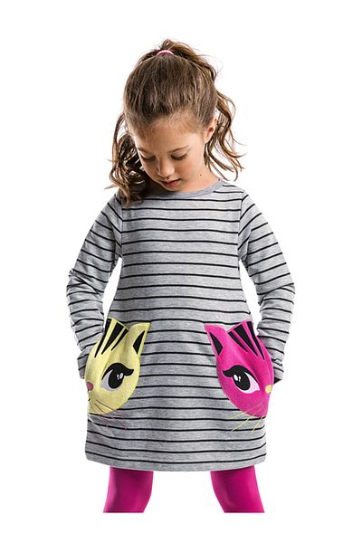 Denokids Mädchen - Grau gestreiftes Langarmkleid mit Katzentasche