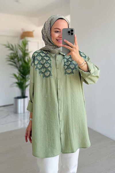 Ka Hijab Green Scallop Draped Shirt
