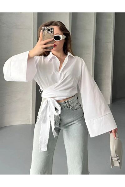 Shopriva Spanish Wide Sleeve Tie-Up Shirt