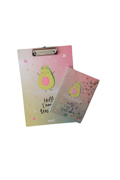 VUKİ Simli ve Sulu Kapaklı A5 Defter ve Sekreterlik Set - Avokado Desenli