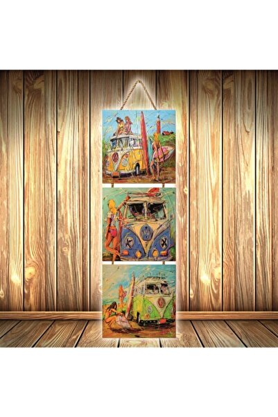 hazalshop Τριπλή ρετρό ξύλινη αφίσα με σχέδιο τροχόσπιτου κάμπινγκ Ü435
