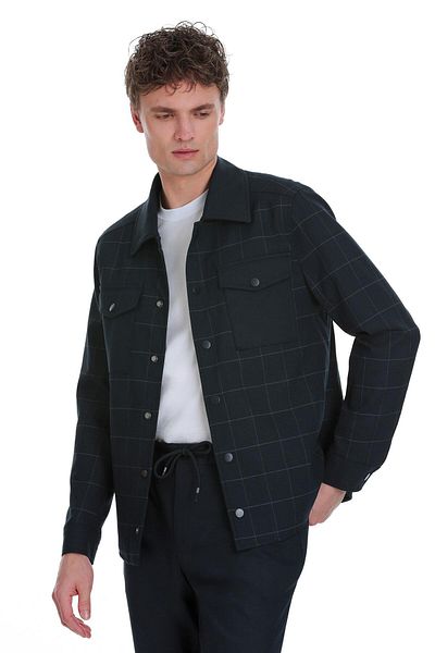 Hatemoğlu Navy Blue Slim Fit Checked Mono Collar Overshirt Set