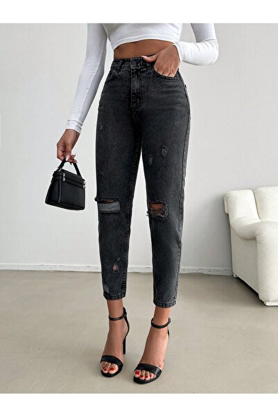 SHEVEGA NŐI HÓFEKETE MAGAS DERÉKÚ TÉRD LÉZER SZAKÍTOTT BOYFRIEND MOM JEANS FARMER NADRÁG