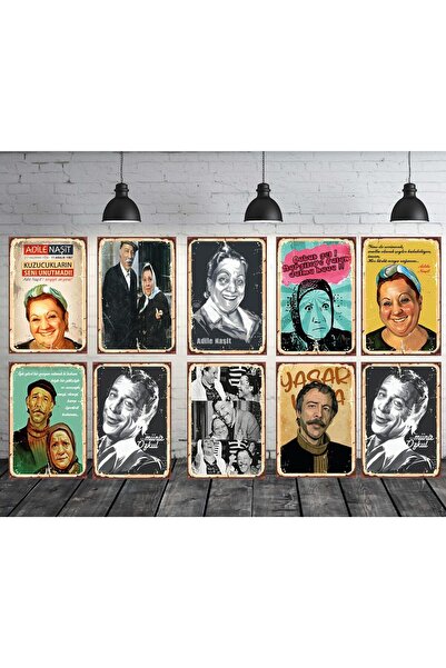 Adile Naşit & Münir Özkul Themed Set 10 Pieces 20x30 Cm Retro Wooden Painting