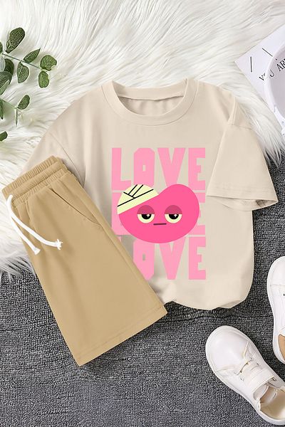 MYADA New Season Love Written Wounded Heart Printed 2-Piece Children's Set 22885