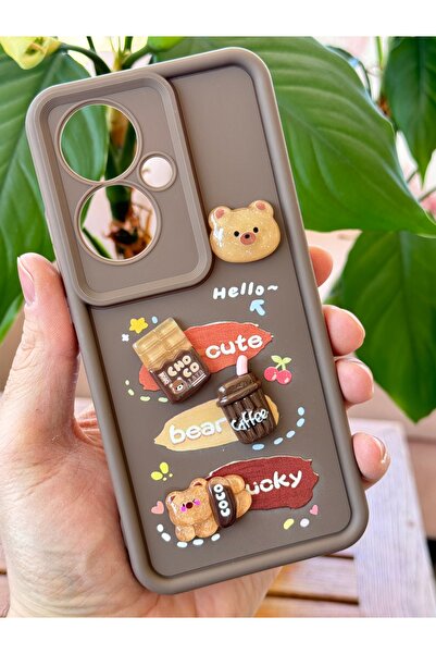 Fibaks Oppo Reno 11F Case Designed Patterned Camera Protection Teddy Bear Brown Color Soft Silicone Cap