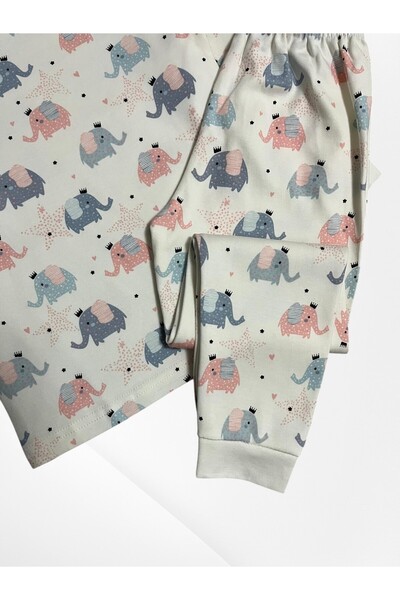 elmas kids Girl's 100% Cotton Filcikler and Star Patterned Ecru Long Sleeve Seasonal Pajama Set