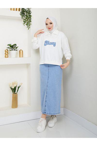 MODAMERSİ Women's White Oversize Zipper Detailed Sweatshirt Denim Skirt Double Set