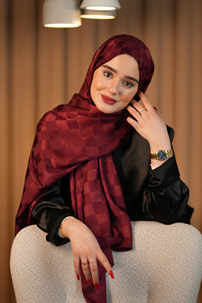 TheFırst Şal jacquard de culoare roşie cu model de dama