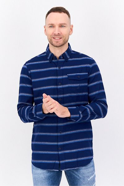 Nautica Men Classic Fit Stripe Long Sleeves Casual Shirt, Navy Blue