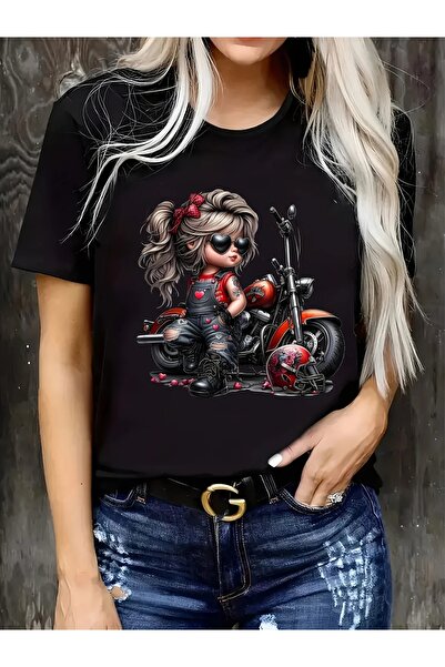 AZIZI TEKSTIL Κομψό γυναικείο μπλουζάκι με γραφικά μοτοσικλέτας - Μαύρο μπλου...