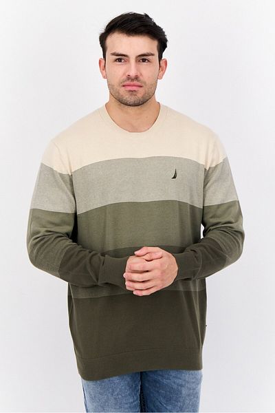 Nautica Men Crew Neck Colorblock Logo Sweater, Beige/olive
