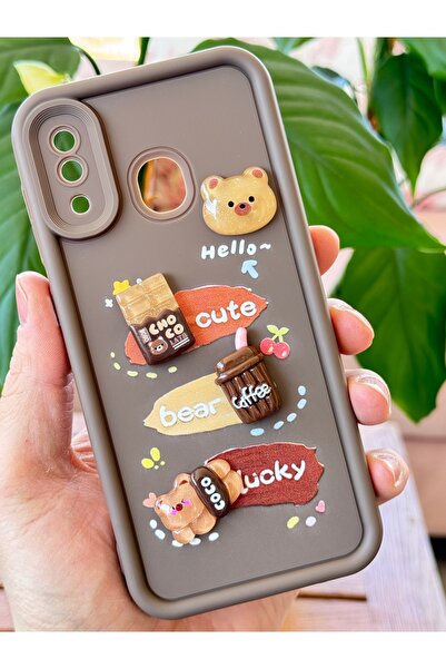 Fibaks Case for Samsung Galaxy A20-A30 Design Patterned Camera Protection Teddy Bear Brown Color Soft Silicone