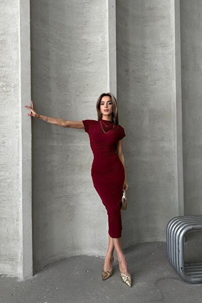 MAT Collection Kadın Bordo Kısa Kollu Drapeli Midi Elbise