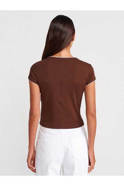 Dilvin 31750 Contrast Short Sleeve Tshirt-Light Brown