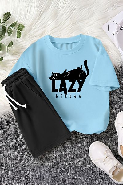 MYADA Set pentru copii din 2 piese cu imprimeu Premium Lazy Kitten 23350