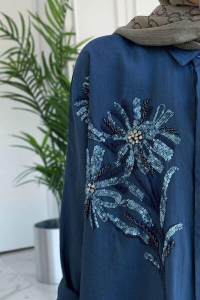 Ka Hijab Indigo Flower Pattern Embroidered Shirt