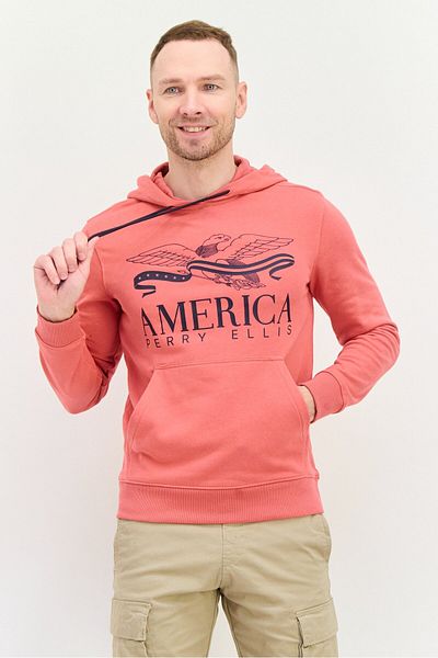 Perry Ellis Men Hooded Long Sleeves Graphic Print , Mineral Red