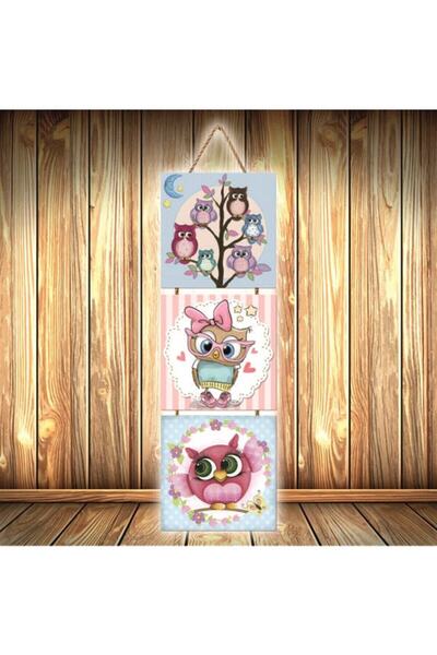 Genel Markalar Pembe Baykuş Tasarımlı Üçlü Retro Ahşap Poster Ü289