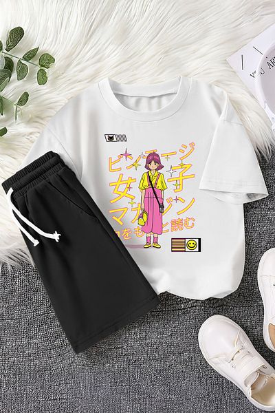 MYADA Set de 2 piese pentru copii cu imprimeu pentru fete roz cu personaje anime premium 22979