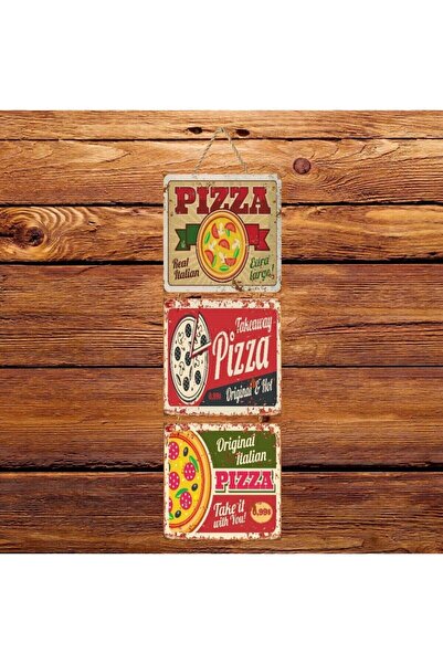 hazalshop Πίτσα Τριπλή Ρετρό Ξύλινη Αφίσα Ü153