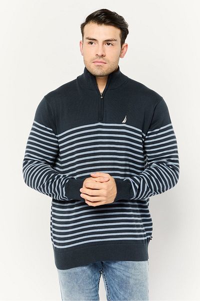 Nautica Men Mock Neck Stripe Long Sleeve Sweatshirt, Navy Blue