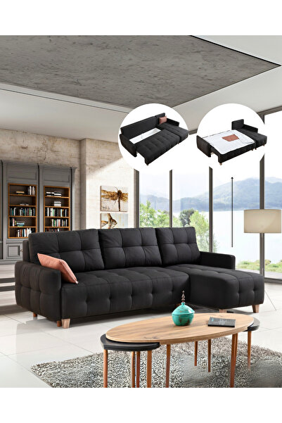 Velura Home & Living Orion Köşe Koltuk Takımı & L Koltuk (SANDIKLI & YATAKLI) Siyah & Köşe Takımı