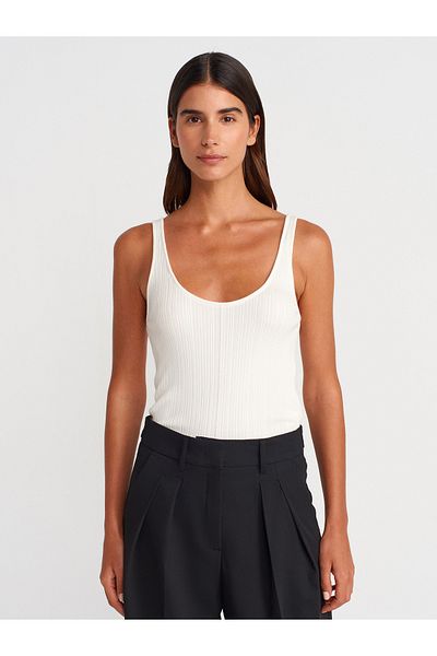 Dilvin 10747 Corded Fine Textured Knitwear Blouse-White