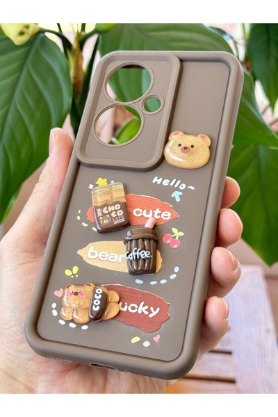 Fibaks Oppo Reno 11F Case Designed Patterned Camera Protection Teddy Bear Brown Color Soft Silicone Cap