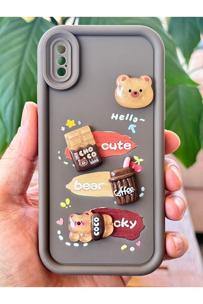 Fibaks جراب Apple iPhone XS Max بتصميم نمط حماية للكاميرا على شكل دمية دب بلون القهوة، غطاء من السيليكون الناعم