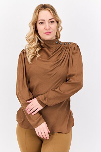 T Tahari Women Mock Neck Long Sleeves Satin Plain Blouse, Brown