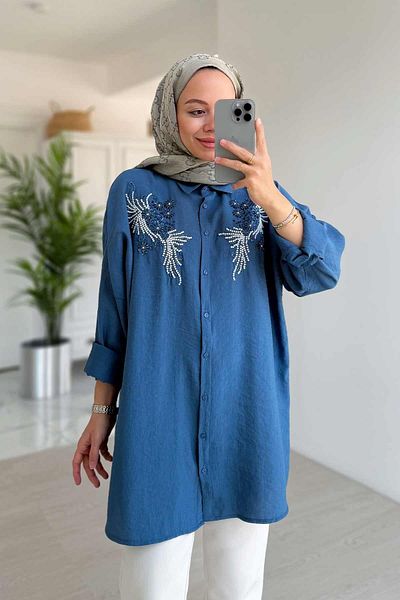 Ka Hijab Πουκάμισο με διακόσμηση με χάντρες Indigo