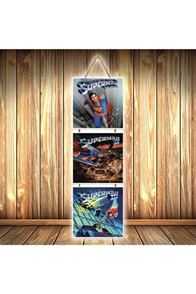 hazalshop Τριπλή ρετρό ξύλινη αφίσα με σχέδιο Σούπερμαν U344