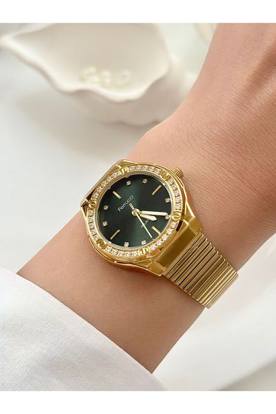 Ferrucci Ferrucci̇ Gold Color Straw Cord Green Inner Dial Stone Detail Women's Wristwatch