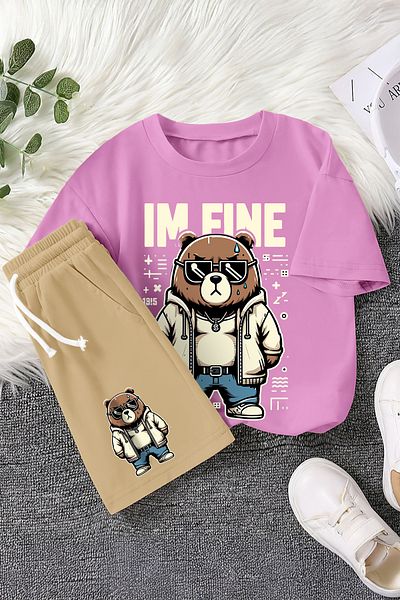 MYADA New Season Fine Written Cool Teddy Bear Printed 2-Piece Children's Set 22515
