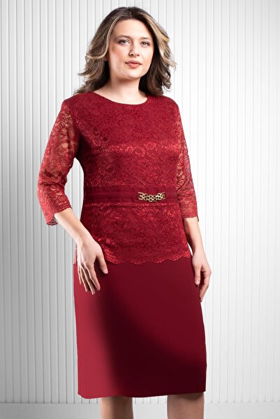 SUBU TASARIM Вечірня сукня з мереживною ланцюжковою обробкою, бордовий колір TBSMDA1015