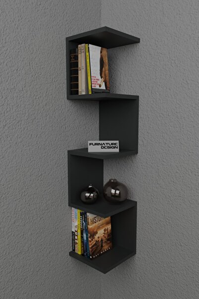 CMKStore Zigzag Köşe Raf Kitaplık Duvar Rafı Antrasit