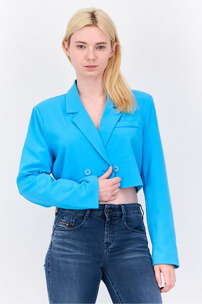 Don't Call Me Jennyfer Women Regular Fit Plain Crop Blazer, Aqua Blue