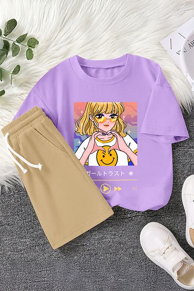 MYADA New Season Heart Sign Cartoon Character Printed 2-Piece Children's Set 22810