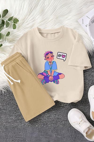 MYADA New Season Heart Detailed Anime Young Printed 2-Piece Children's Suit 23470