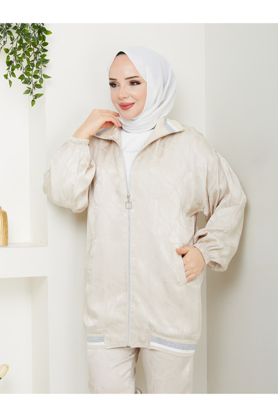 MODAMERSİ Women's Cream Top and Skirt, Ribbed Jacquard Fabric Blouse, Zippered Sweatshirt and Pants Three Piece Set